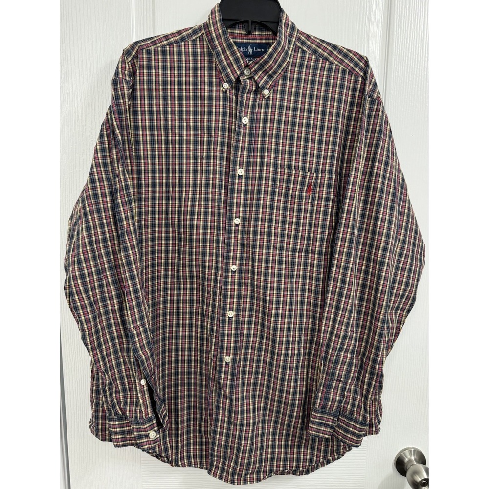 Ralph Lauren Polo Red Blue Plaid Long Sleeve Shirt Mens Size Large Red Pony Logo